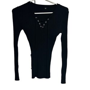 Black V-Neck Lace-Up Stretch Rib Sweater. Size S